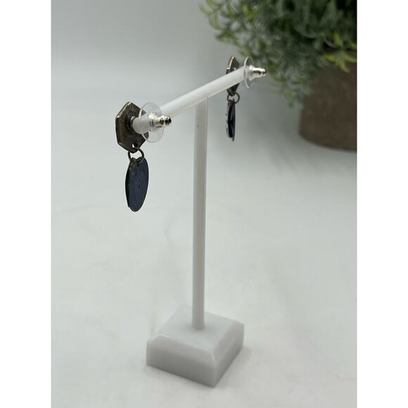 NP Newpro Vintage Mixed Metals Silver Pewter and Blue Enamel Dangle Earrings - Picture 11 of 15